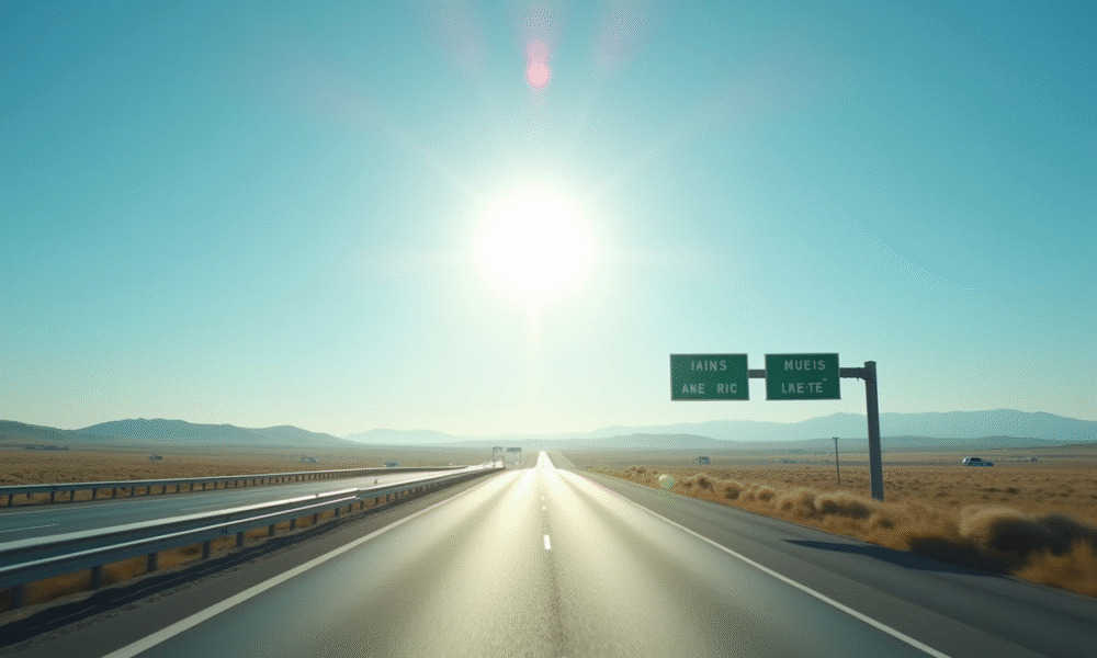 Autoroute en plein jour avec panneaux kilométriques et miles