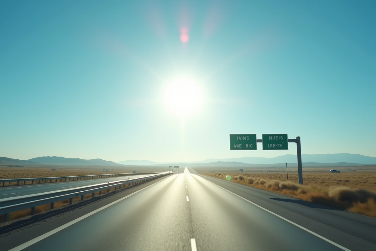 Autoroute en plein jour avec panneaux kilométriques et miles