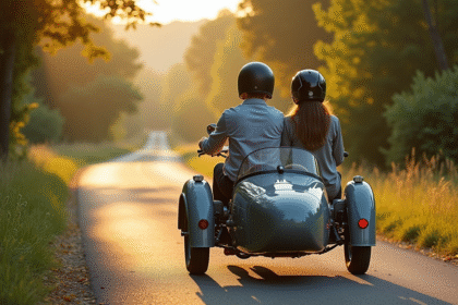 Couple en sidecar vintage sur route française ensoleillée