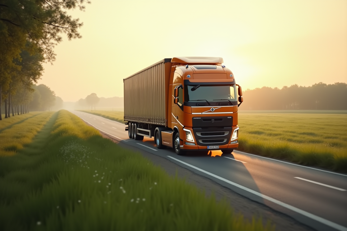 Camion roulant sur une route rurale au lever du soleil avec champs verts