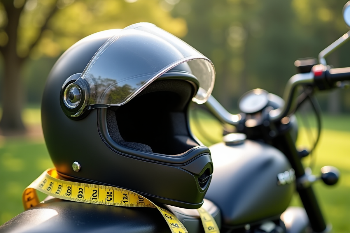 Casque moto placé sur une selle extérieure avec mètre autour