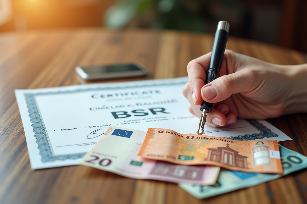 Premier plan d un certificat BSR des billets et clé scooter sur bois