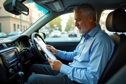 Conducteur de taxi homme en ville regardant un document