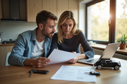 Un couple examine des documents d'assurance à la cuisine