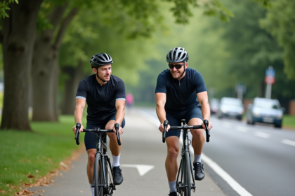 Deux hommes en cyclisme discutent sur une piste bordée d'arbres