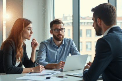 Femme inquiète et homme discutant avec un agent d'assurance au bureau