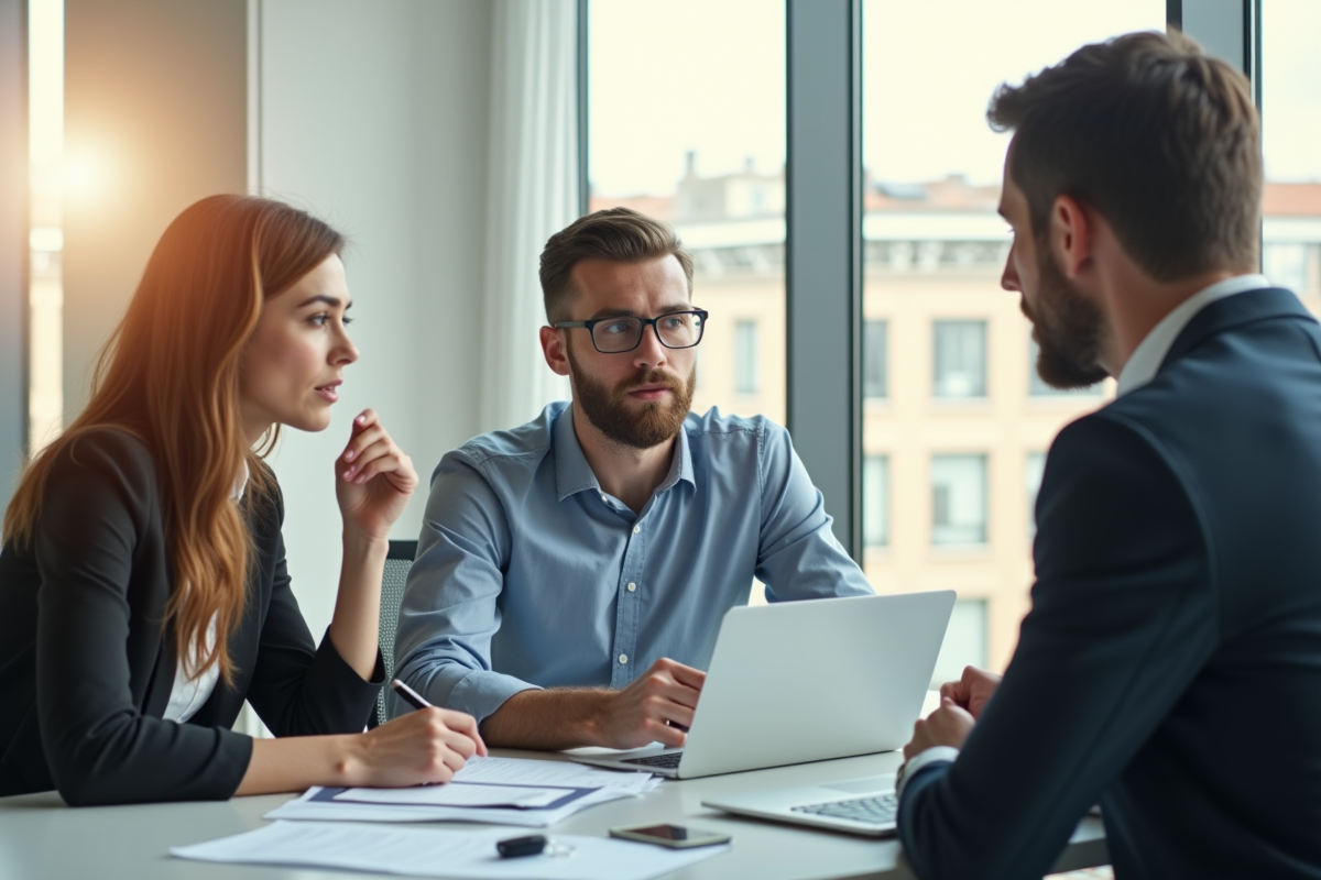 Femme inquiète et homme discutant avec un agent d'assurance au bureau