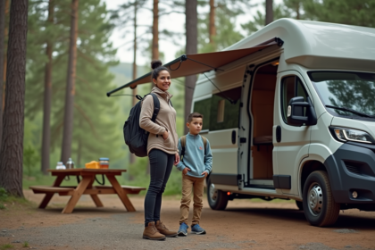 Famille avec van en forêt pour camping nature