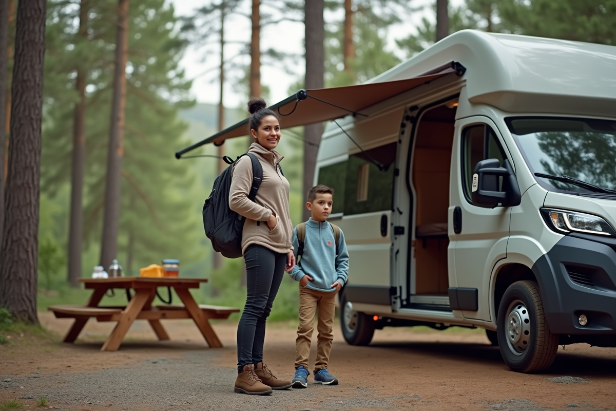 Famille avec van en forêt pour camping nature