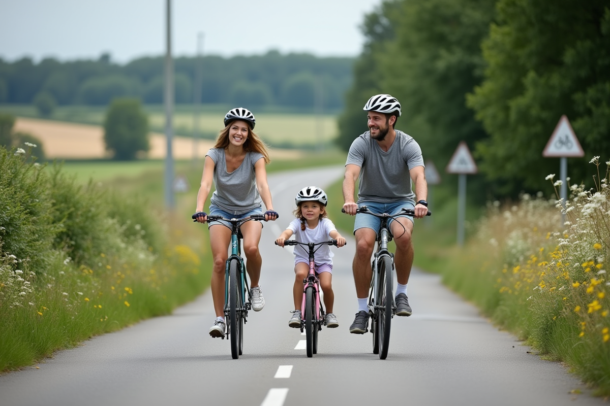 Famille à vélo sur un chemin rural bordé de haies et fleurs sauvages