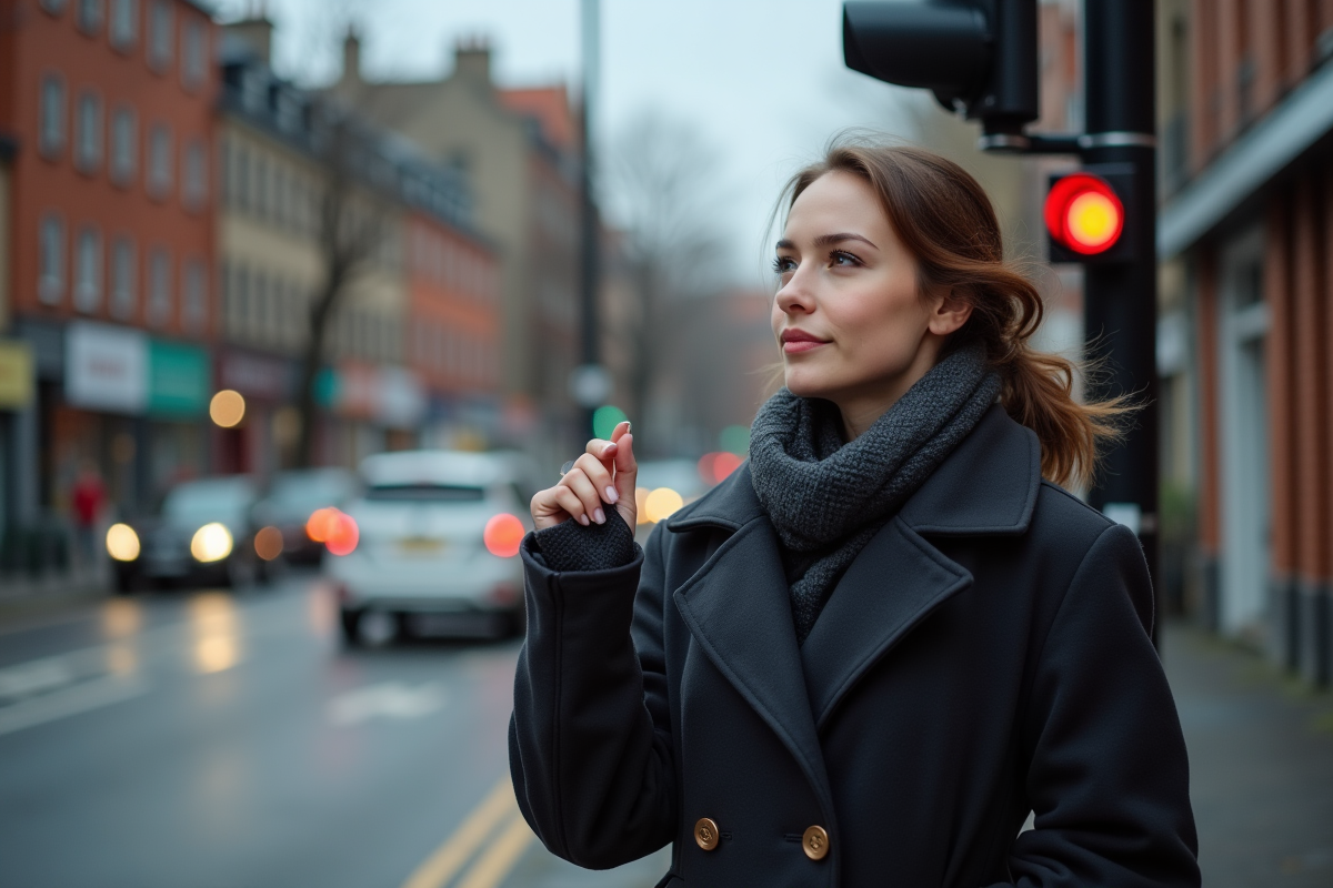Jeune femme dans la ville attend le feu rouge