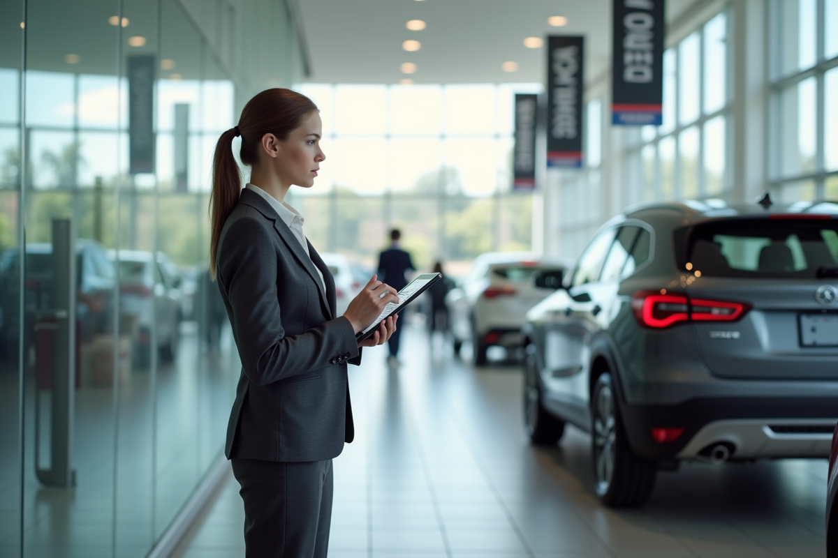 Jeune femme en costume regardant une voiture en showroom