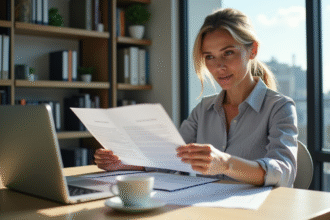 Femme d'affaires compare documents d'assurance voiture