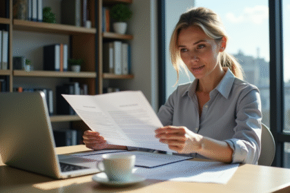 Femme d'affaires compare documents d'assurance voiture