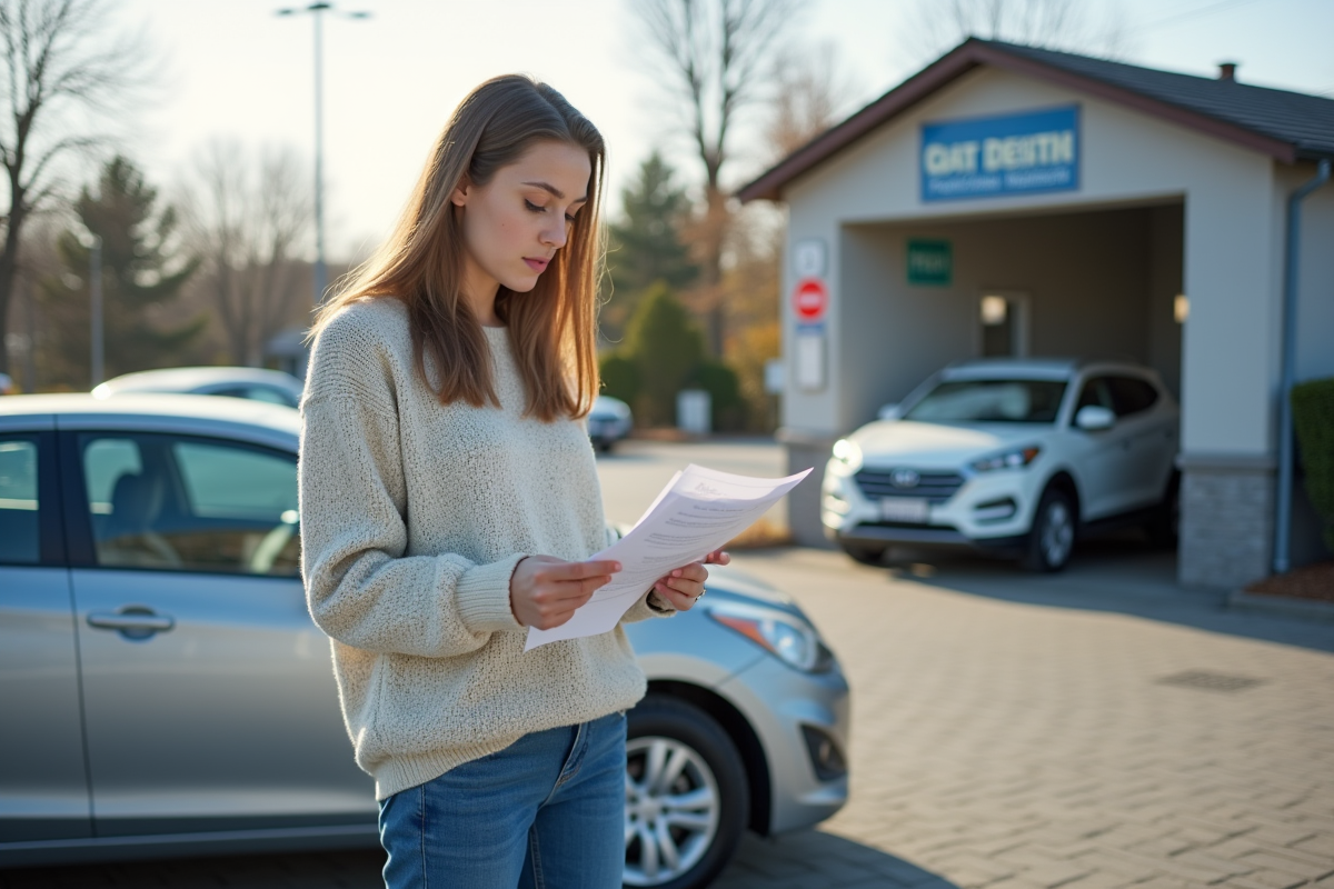 Jeune femme lisant son rapport d inspection à côté d une voiture