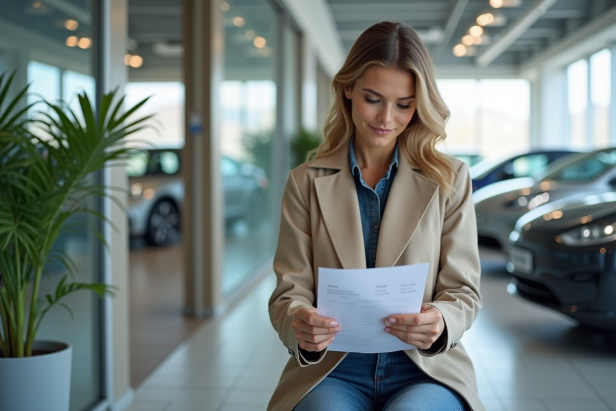 Femme regardant une facture dans un showroom moderne
