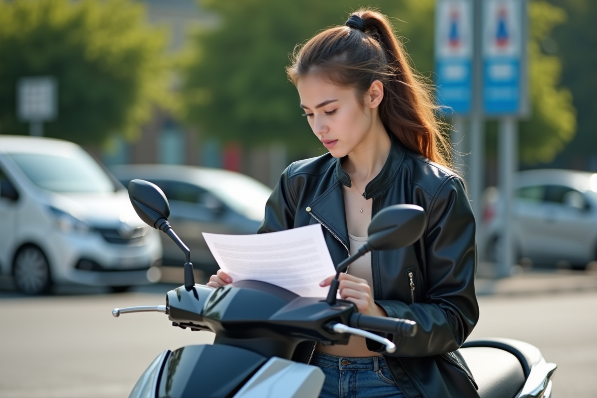 Jeune femme avec documents sur scooter Tmax en parking