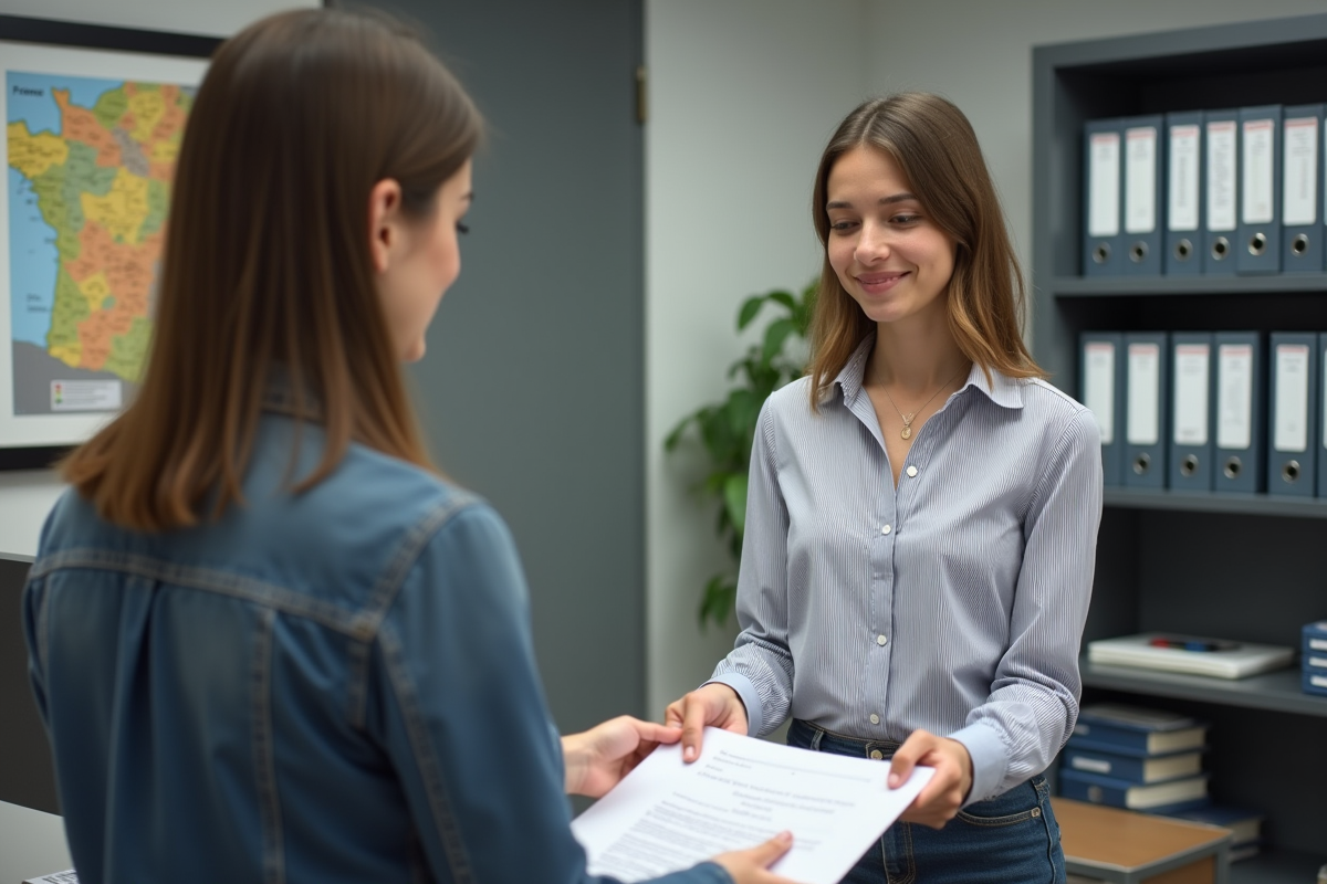 Jeune femme remet un dossier à un agent administratif