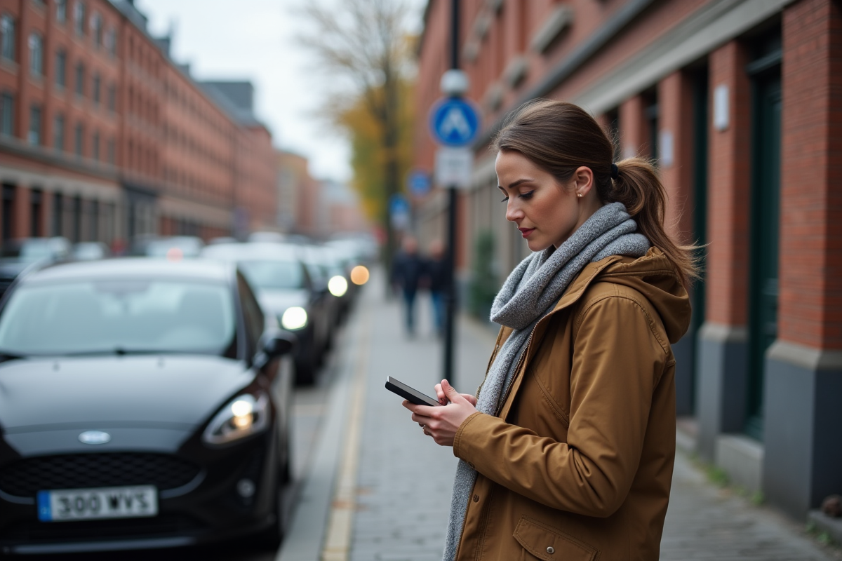 Femme vérifiant un GPS dans une rue pavée urbaine