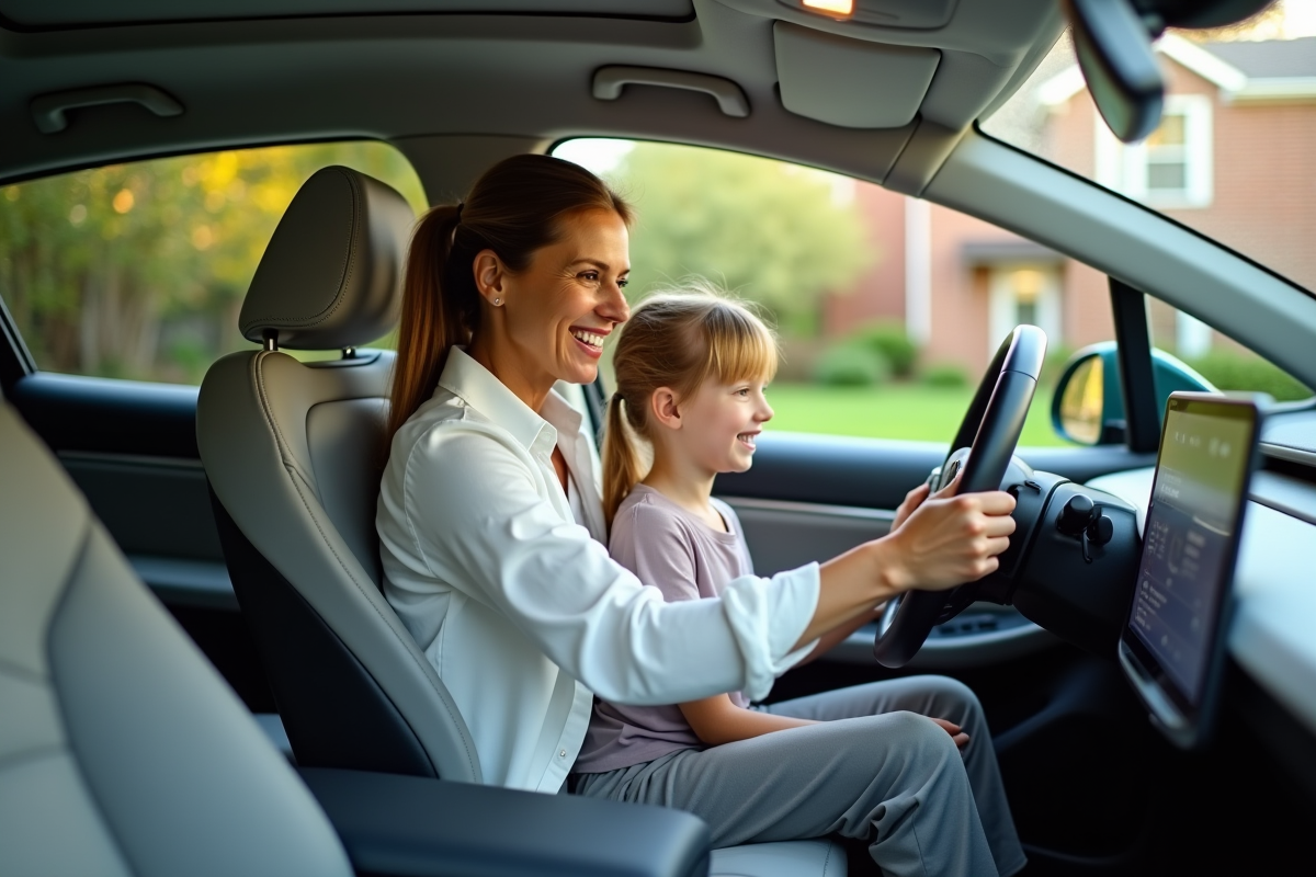 Femme et fille souriantes dans l’intérieur d’un SUV électrique