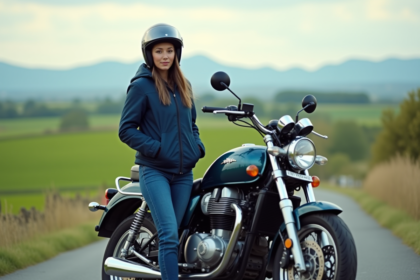 Femme en moto sur route rurale en France avec paysage verdoyant