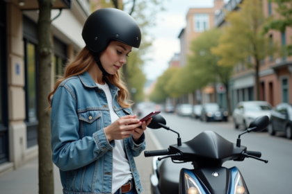 Femme en denim et casque près de sa moto 125cc