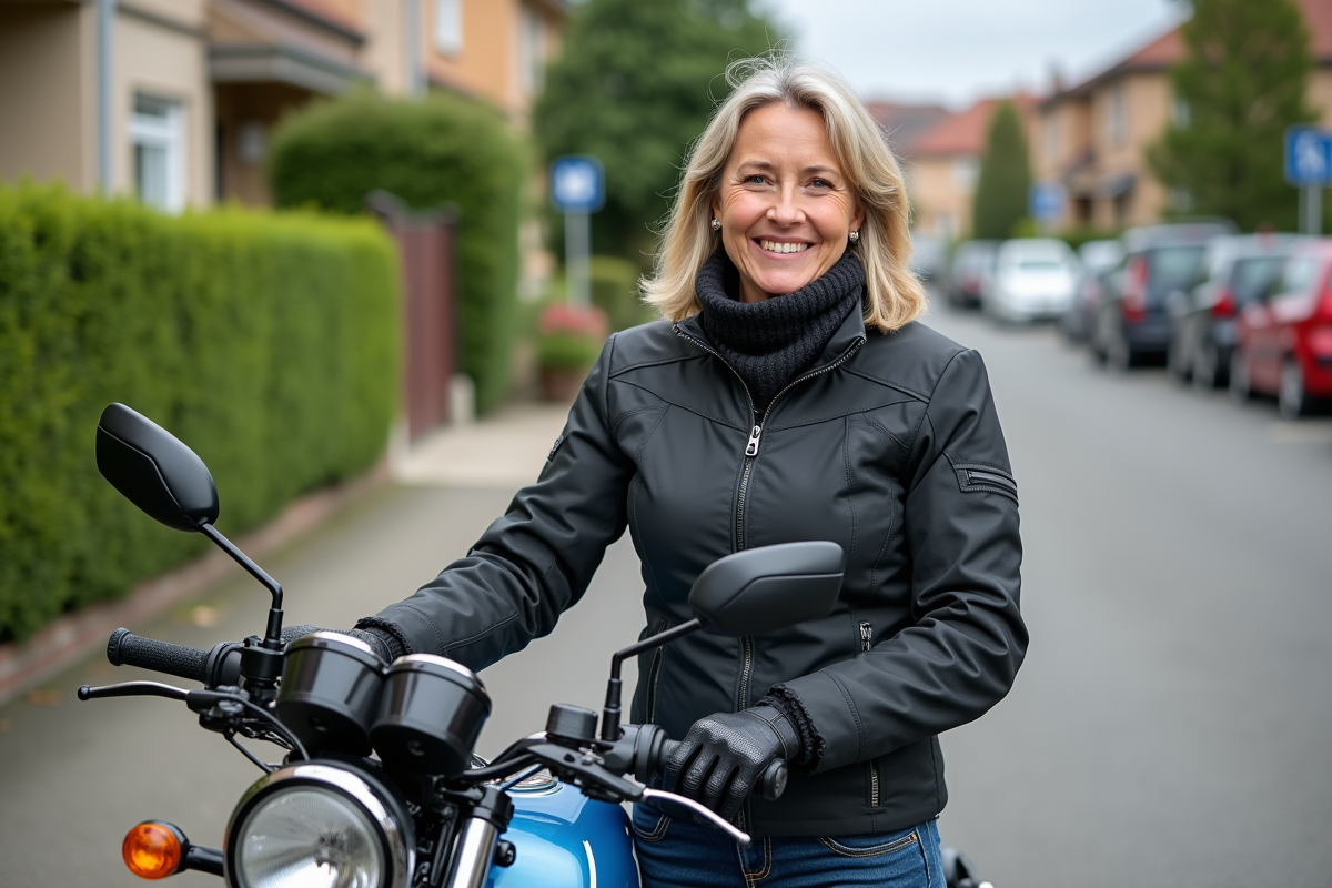 Femme fiere avec sa moto 125cc dans un quartier résidentiel
