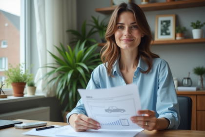 Femme souriante tenant documents d'assurance voiture dans un bureau