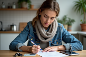 Femme remplissant des papiers avec carte d'identite en main