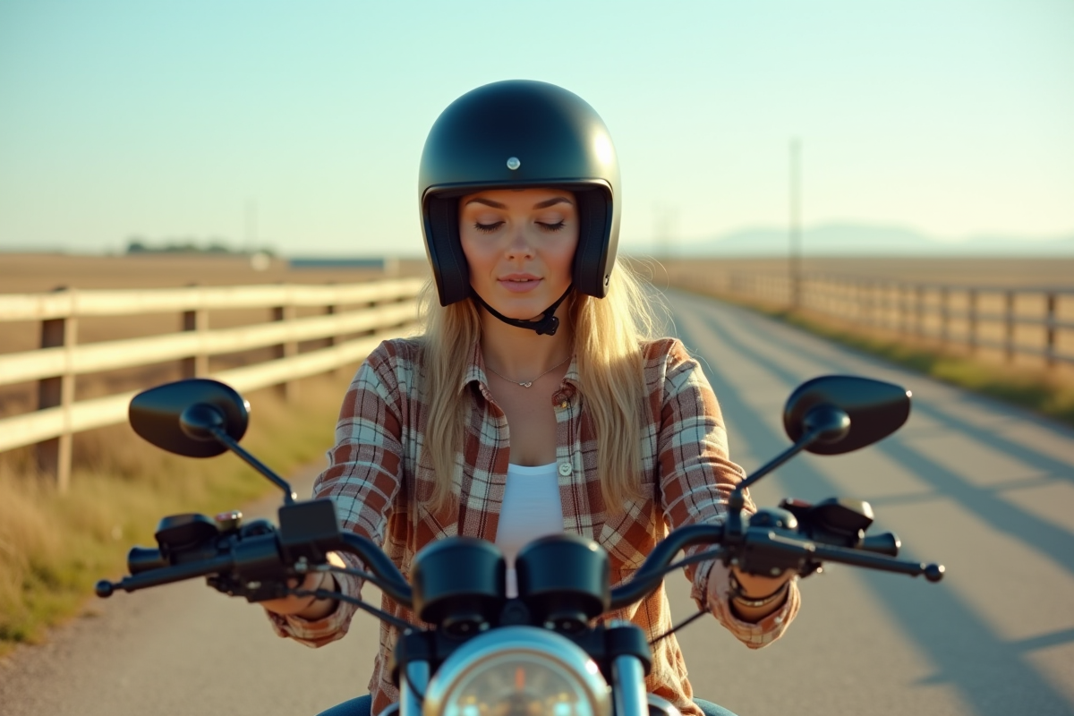 Femme en plaid vérifiant son permis sur une moto au Texas