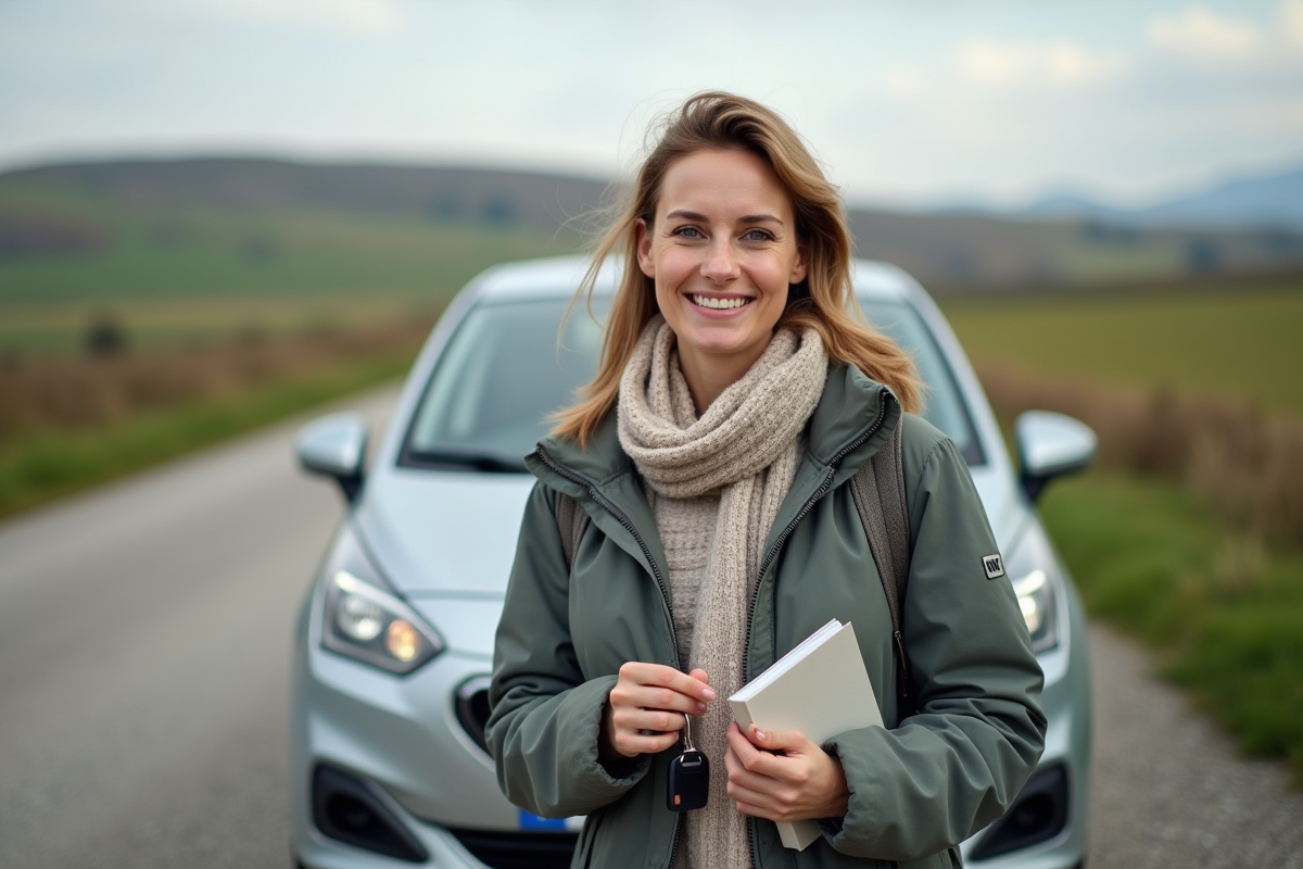 Femme souriante avec clés de voiture et assurance en campagne