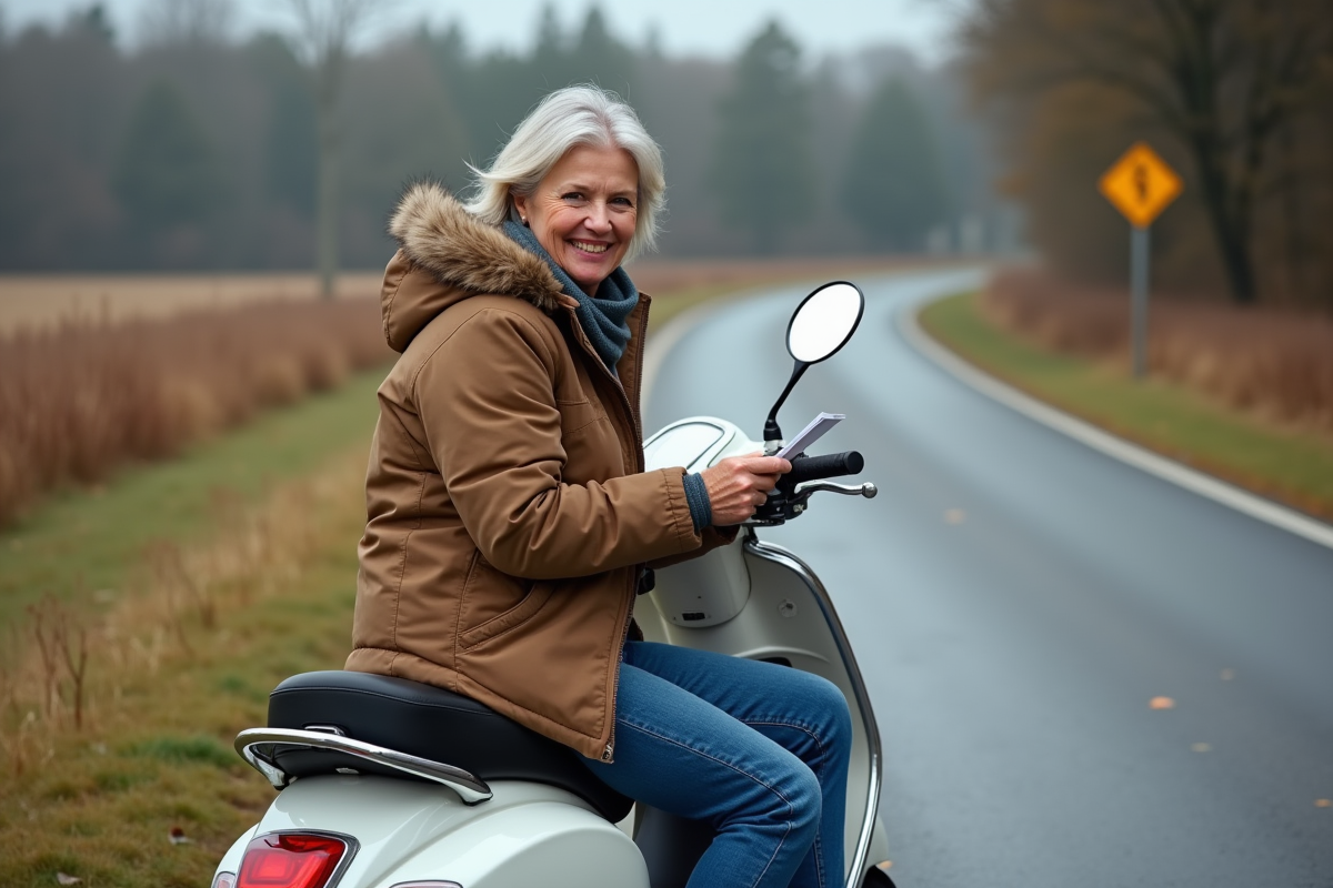 Femme vérifiant son assurance sur scooter rural