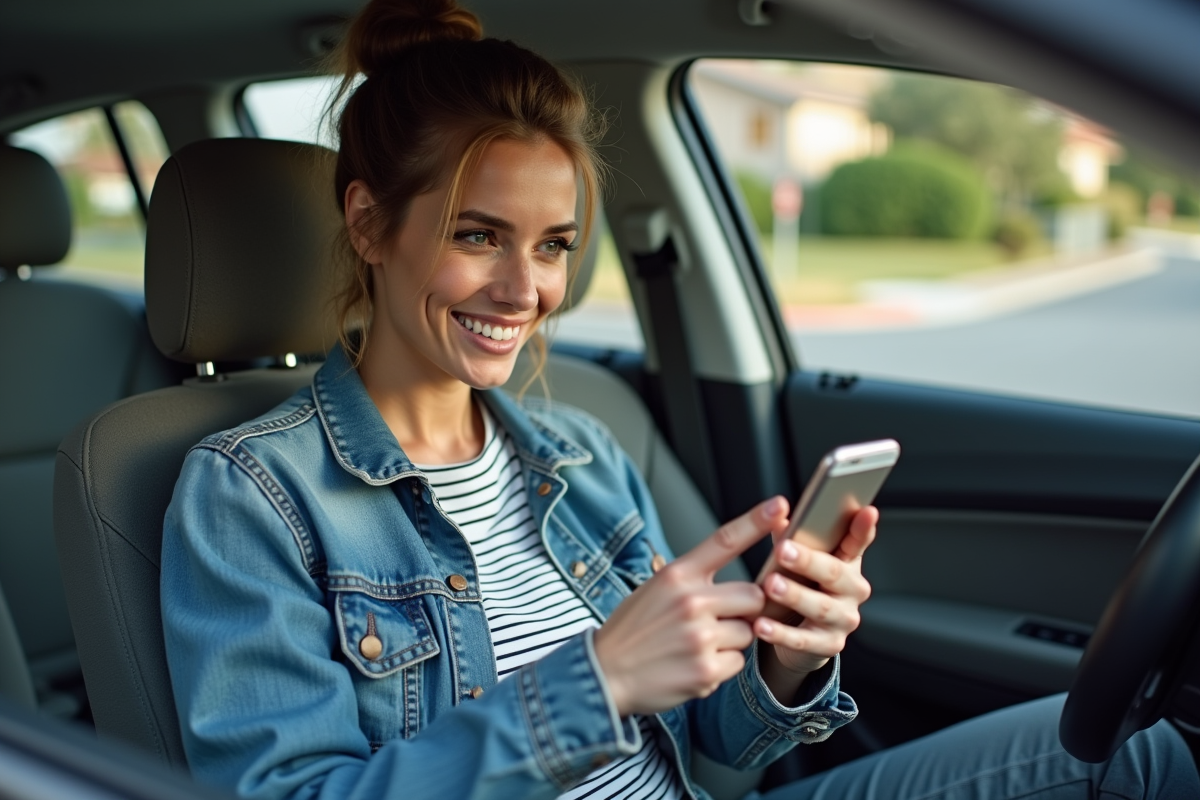 Femme souriante pointant vers une carte sur son smartphone dans la voiture