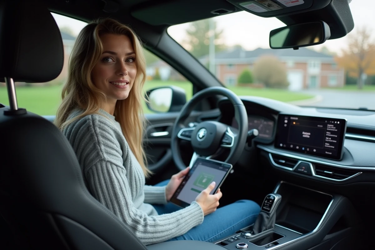 Femme tenant une tablette pour mise à jour logiciel dans l’habitacle d’une voiture