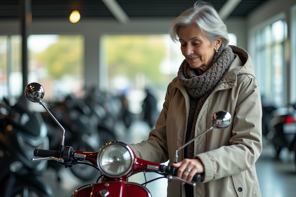 Femme examineant une moto vintage Dax en showroom