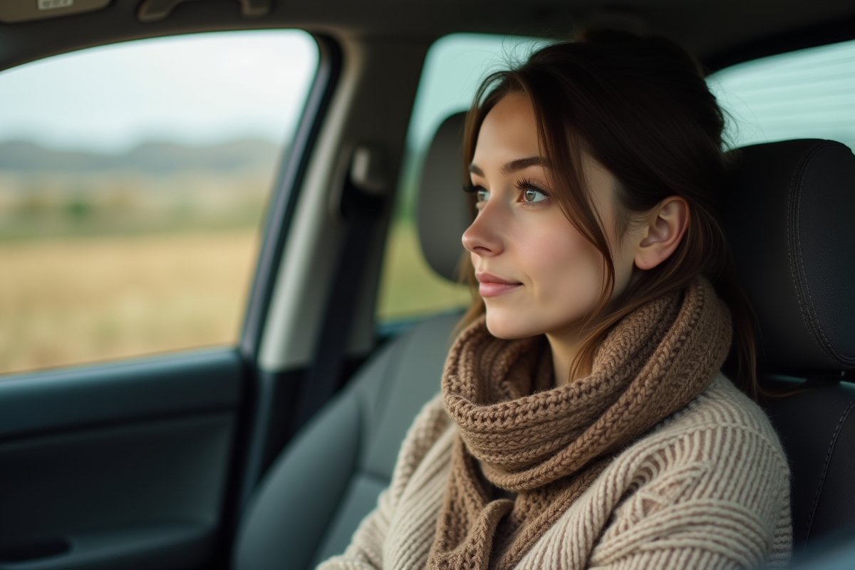 Jeune femme dans la voiture regardant par la fenêtre lors d