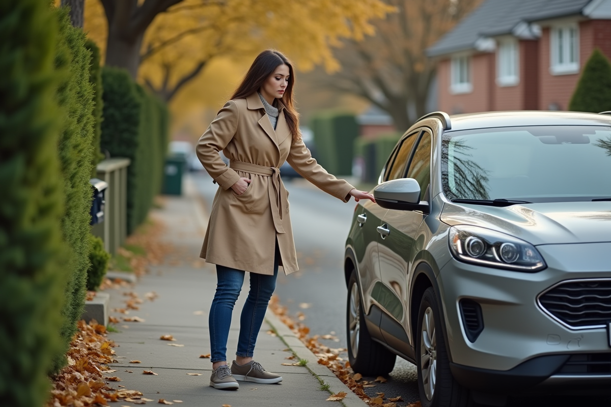 Femme dans une rue résidentielle montre une bosse sur sa voiture