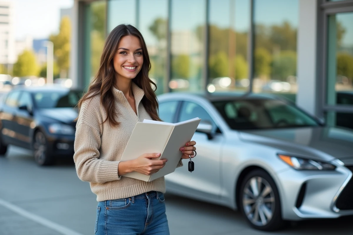 Femme souriante avec clés devant une voiture dans le concessionnaire