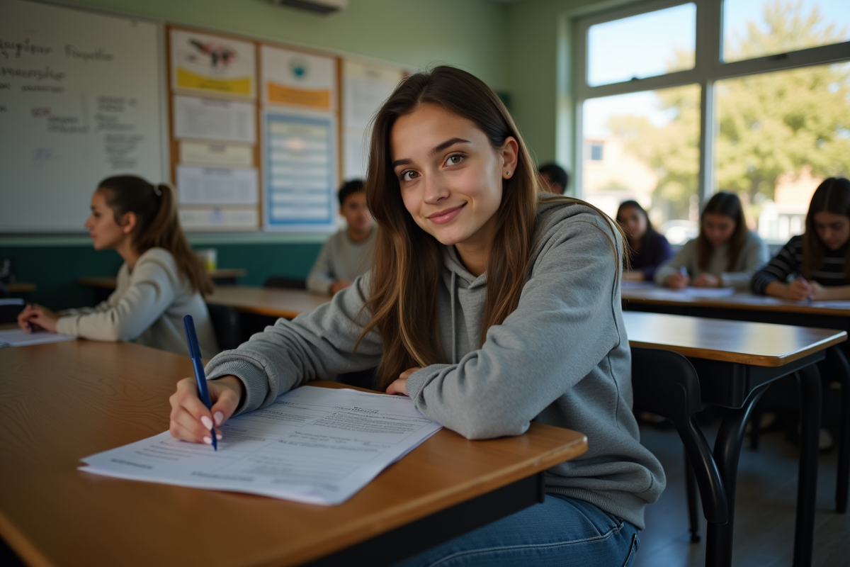 Jeune femme en classe préparant son dossier BSR