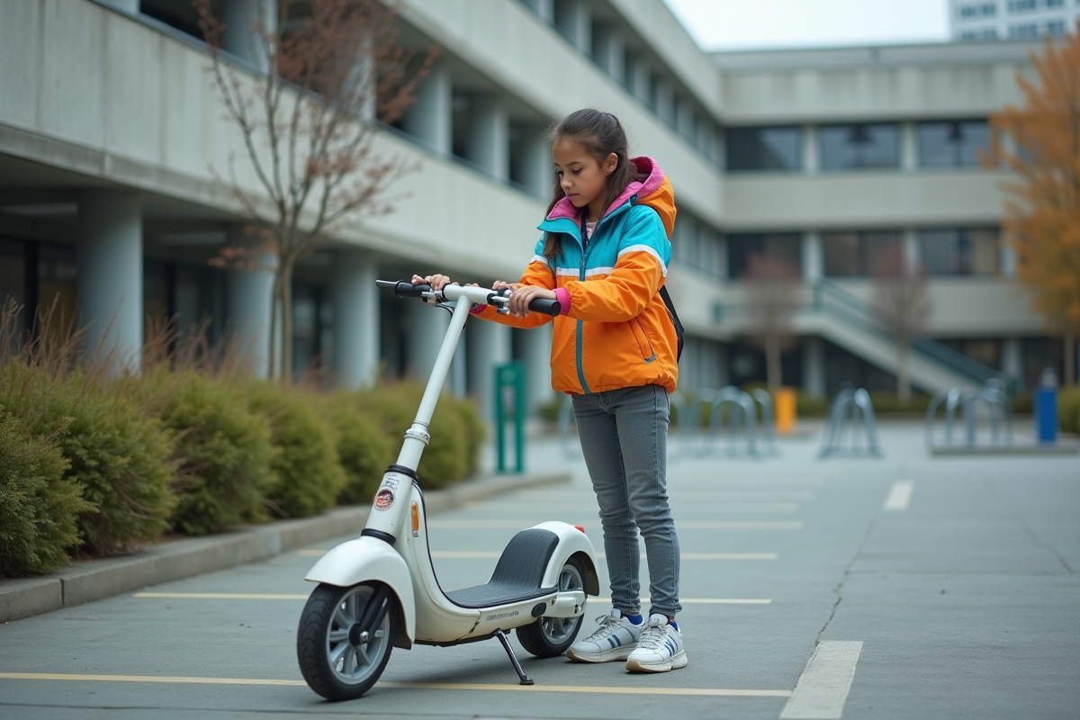 Fille de 14 ans vérifiant les miroirs de son scooter dans une cour d