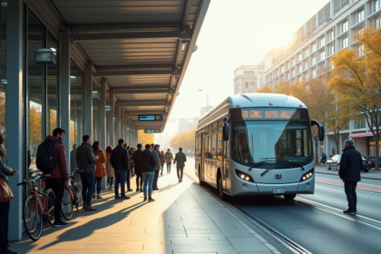 Groupe de navetteurs à la station de bus moderne avec bus électrique