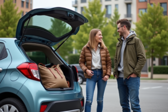 Trois adultes souriants près d'une voiture dans un quartier résidentiel