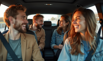 Groupe de personnes souriantes dans une voiture moderne en ville