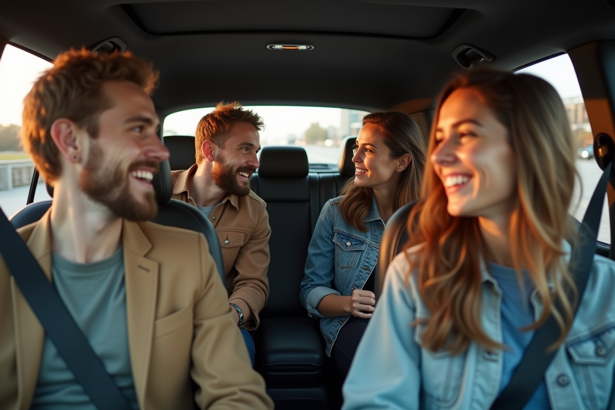Groupe de personnes souriantes dans une voiture moderne en ville