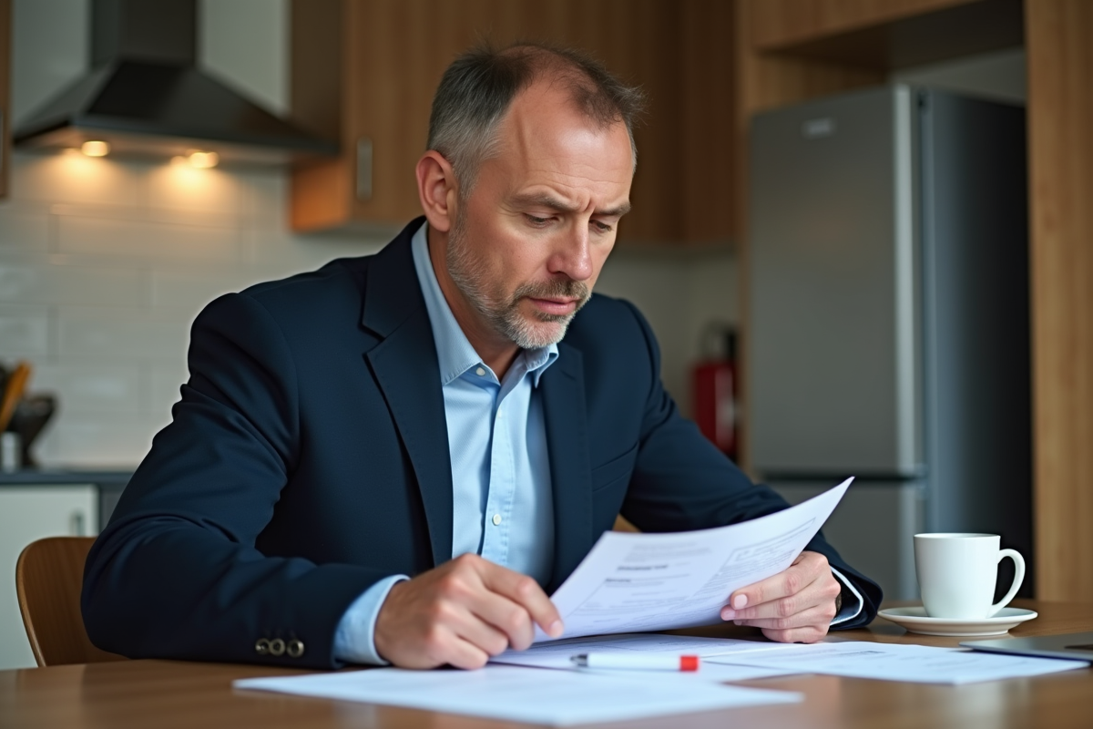 Homme d'âge moyen assemble des papiers pour une immatriculation