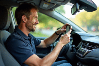 Homme d'âge moyen attache un GPS dans une voiture moderne