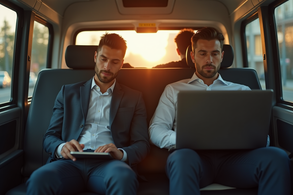 Homme en costume travaillant sur son ordinateur dans la voiture