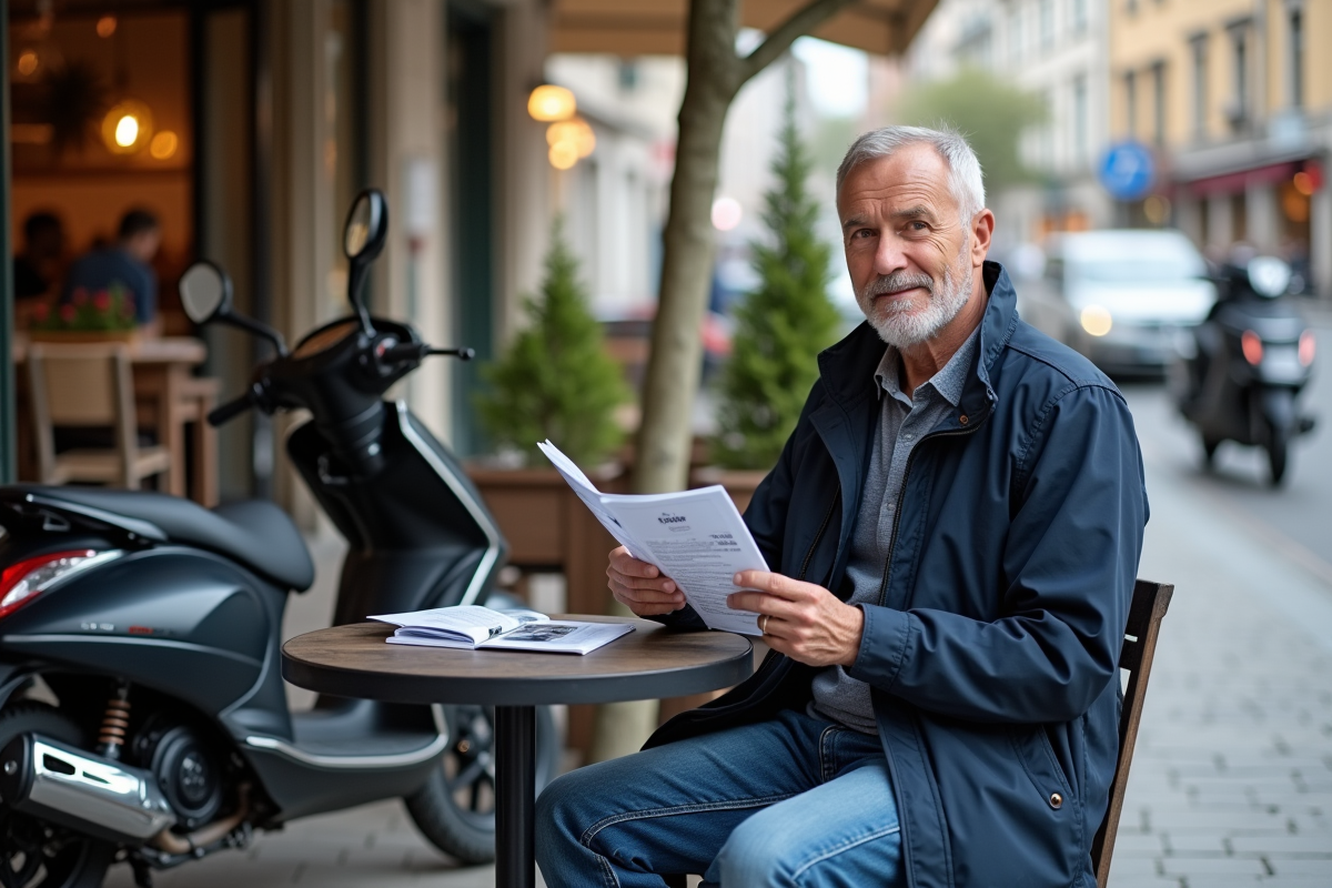 Homme avec brochure et scooter 125cc en ville
