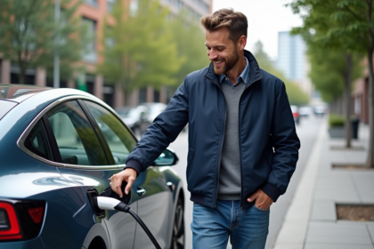 Homme souriant charge une voiture électrique en ville
