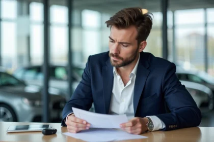 Homme d'affaires en blazer blanc et bleu dans un bureau de concession